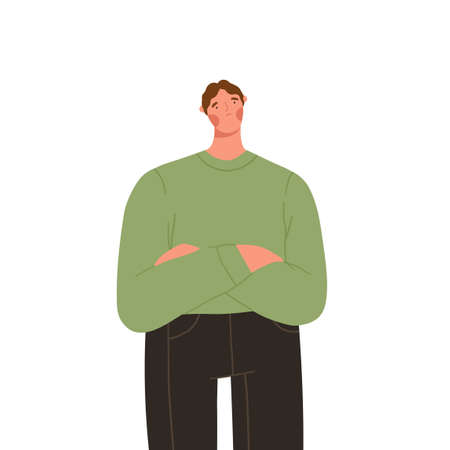 Portrait of young sad man in casual outfit with crossed arms. Upset male character standing isolated on white background. Cartoon flat vector illustration.のイラスト素材