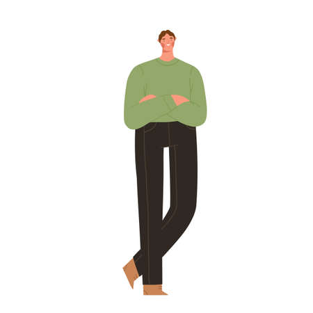 Young man in casual outfit with crossed arms. Modern smiling male character standing isolated on white background. Cartoon flat vector illustration.のイラスト素材