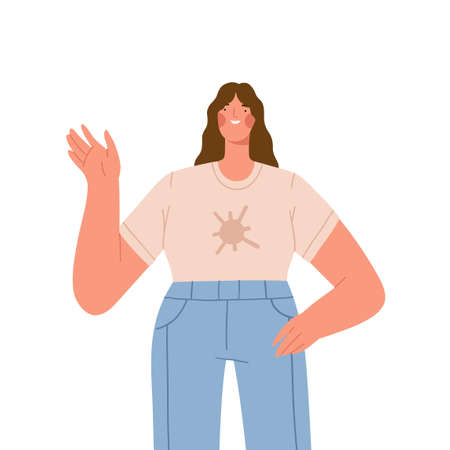 Portrait of young woman smiling and waving hand saying hi. Modern female character in casual clothes says hello. Cartoon flat vector illustration isolated on white background.のイラスト素材