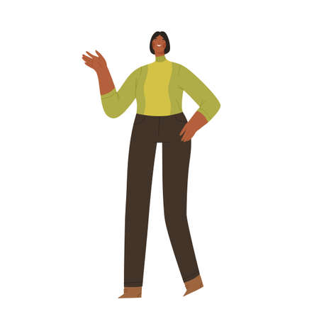 Young woman smiling and waving hand saying hi. Modern female character in casual clothes says hello. Cartoon flat vector illustration isolated on white background.のイラスト素材
