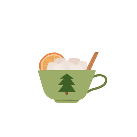 Hot chocolate or cocoa cup with candy cane, cinnamon stick, marshmallow. Christmas greeting card design element. Flat cartoon vector illustration.のイラスト素材