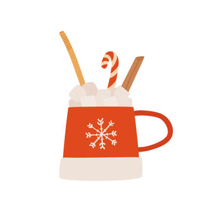 Hot chocolate or cocoa cup with candy cane, cinnamon stick, marshmallow. Christmas greeting card design element. Flat cartoon vector illustration.のイラスト素材