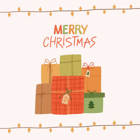Merry Christmas greeting card. Cute wrapped gift boxes, lights and hand drawn lettering. Vector cartoon flat illustration.のイラスト素材