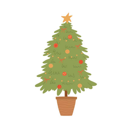 Decorated Christmas tree. Star, lights, decoration balls and lamps. Flat cartoon vector illustration.のイラスト素材