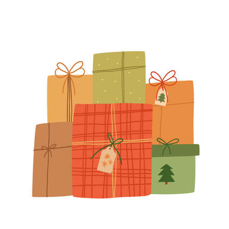 Christmas hand drawn gift boxes. Vector illustration in hand drawn flat style.のイラスト素材