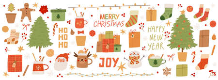 Big set of Christmas and New Year elements. Santa Claus, gingerbread cookies, gifts, snowman, toys, tree, cocoa cups and lettering. Vector cartoon flat illustration.のイラスト素材