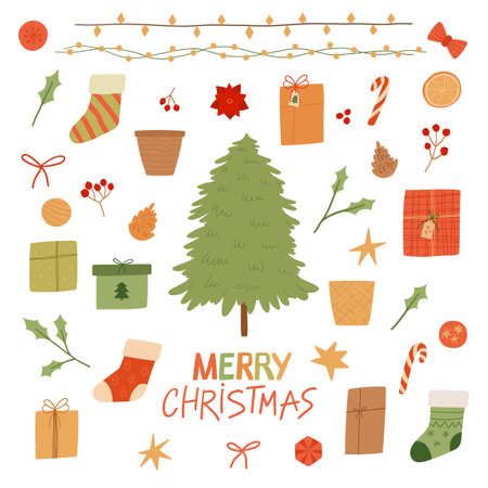 Set of Christmas and New Year decoration elements. Tree, stars, lights, decoration balls, lamps, gift boxes, socks, stocking, toys. Vector cartoon flat illustration.のイラスト素材