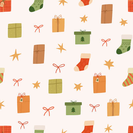 Cute Christmas and Happy New Year seamless pattern. Gift boxes, stars and stocking. Vector cartoon...