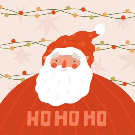 Merry Christmas and Happy New Year greeting card. Cute santa claus and hand drawn lettering. Ho ho ho. Vector cartoon flat illustration.のイラスト素材