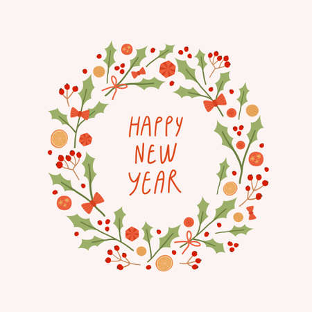 Happy New Year greeting card. Cute wreath and hand drawn lettering. Vector cartoon flat illustration.のイラスト素材