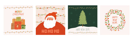 Merry Christmas and Happy New Year greeting cards set. Cute santa claus, gift boxes, tree, wreath and hand drawn lettering.Vector cartoon flat illustration.のイラスト素材