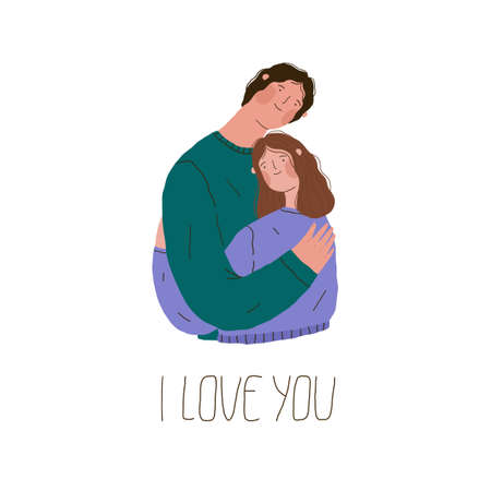 Happy young couple in love. Cute man and woman embracing each other. Flat hand drawn vector illustration.のイラスト素材