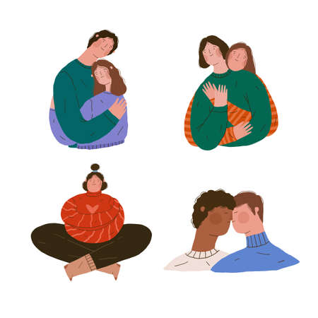 Diverse people in love. Happy hugging gay and heterosexual couples set. Flat hand drawn vector illustration for cards, postcards, postersのイラスト素材