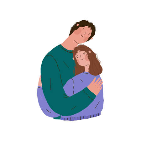 Happy young couple in love. Cute man and woman embracing each other. Flat hand drawn vector illustration.のイラスト素材