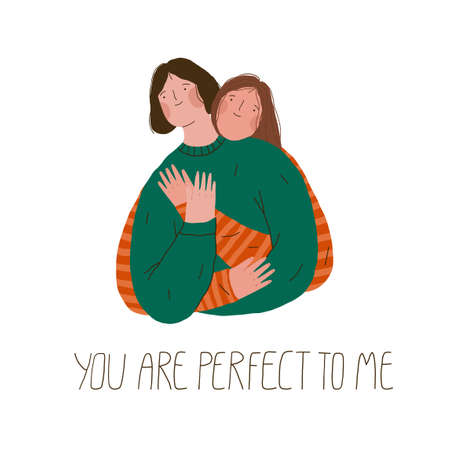 Young female gay couple in love. Two happy hugging women. Flat hand drawn vector illustration for cards, posters, postcards.のイラスト素材