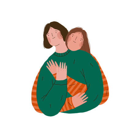 Young female gay couple in love. Two happy hugging women. Flat hand drawn vector illustration.のイラスト素材