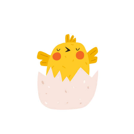 Cute yellow chicken hatched out of the egg. Newborn little funny chick emergence from egg. Elements for Easter designs. Cartoon vector illustration.のイラスト素材