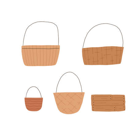 Wicker basket set. Empty handmade basket for picnic. Cartoon flat vector illustration.のイラスト素材