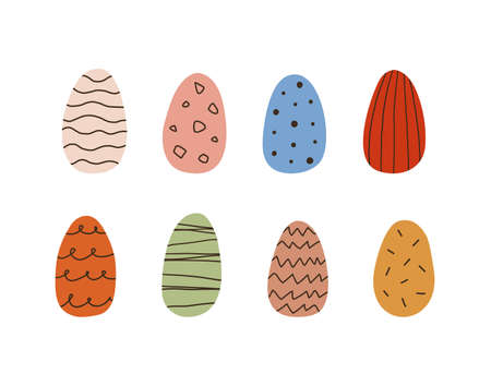 Happy Easter. Set of Easter eggs with different texture, decorated with dots, stripes, ornaments. Cartoon flat vector illustration.のイラスト素材
