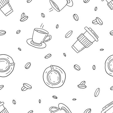Coffee seamless pattern. Hot drinks, beans, cup. Hand drawn line vector illustration.のイラスト素材