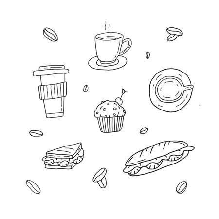 Food and drink, breakfast set. Hand drawn line vector illustration.のイラスト素材