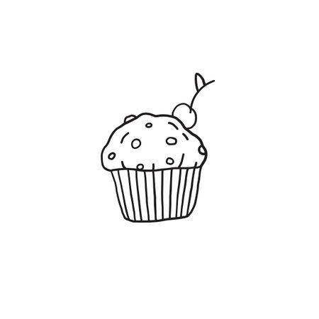 Cupcake with cherry on top. Hand drawn line vector illustration.のイラスト素材