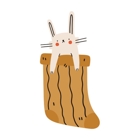 Cute cartoon bunny in brown sock. Vector illustration.のイラスト素材