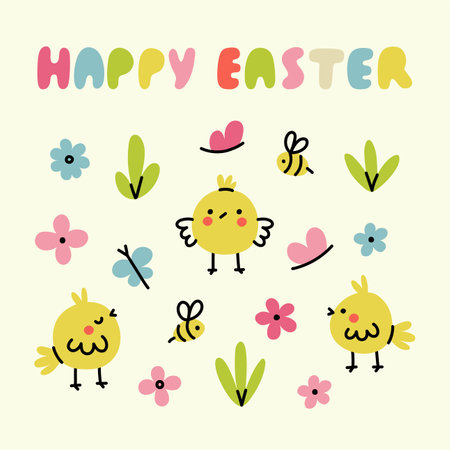 Happy Easter card with chicks and flowers. Vector flat illustration.のイラスト素材