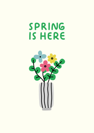 Spring is here poster. Vase with flowers. Vector flat illustration.のイラスト素材