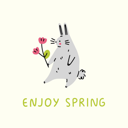 Enjoy spring greeting card. Bunny with flowers. Vector flat illustration.のイラスト素材