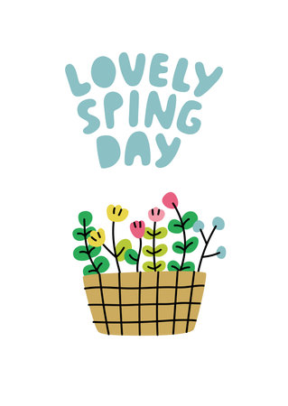 Lovely spring day poster. Bascket with flowers. Vector flat illustration.のイラスト素材