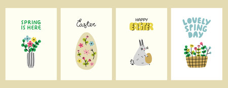 Easter and spring greeting card set. Posters with flowers, eggs and bunnies. Vector illustration.のイラスト素材
