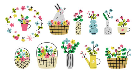 Hand drawn bouquets in vase, cup or watering can. Basket with flowers. floral composition. vector illustrationのイラスト素材