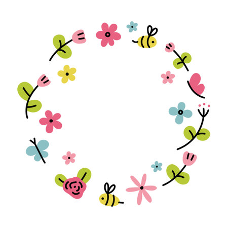 Floral wreaths with tiny flowers. Flat hand drawn vector illustrationのイラスト素材