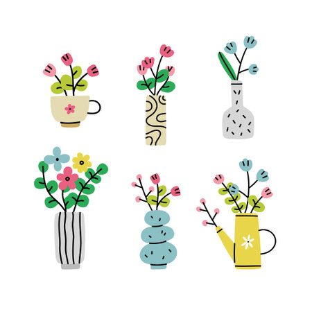 Hand drawn flowers in vase, cup or watering can. floral composition. vector illustrationのイラスト素材