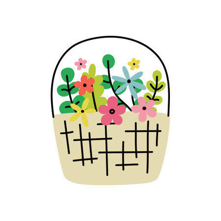 Hand drawn basket with flowers. Vector illustration.のイラスト素材