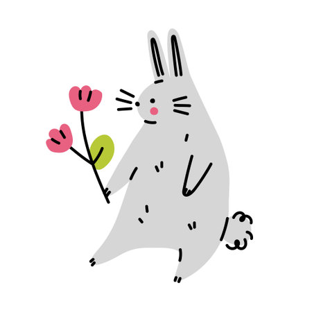 Cute bunny with flower. Hand drawn flat vector illustration.のイラスト素材