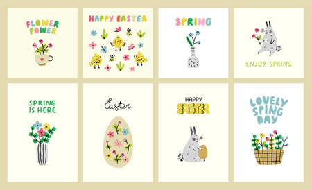 Easter and spring greeting card set. Posters with flowers, eggs and bunnies. Vector illustration.のイラスト素材