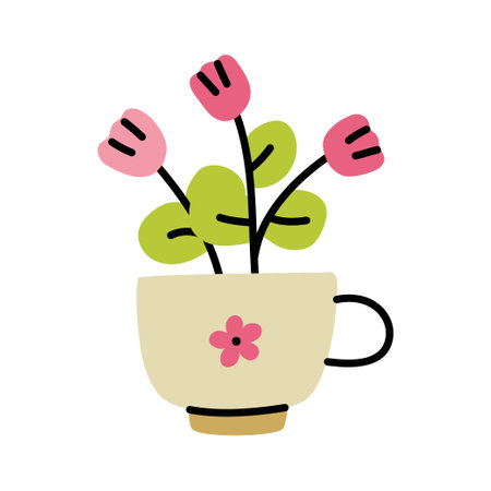 Hand drawn flowers in cup or mug. Floral composition. Vector illustration.のイラスト素材