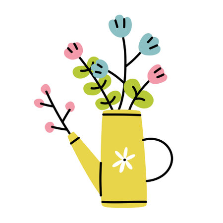 Hand drawn flowers in watering can. Floral composition. Vector illustration.のイラスト素材