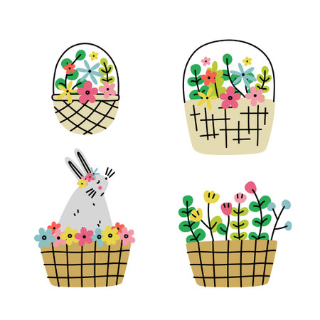 Hand drawn basket with flowers set. vector illustrationのイラスト素材