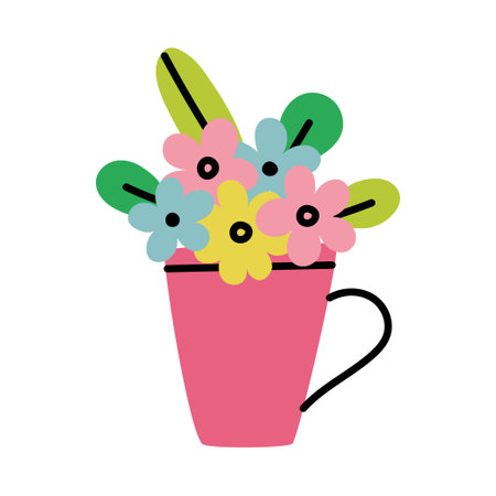 Hand drawn flowers in cup or mug. floral composition. vector illustrationのイラスト素材