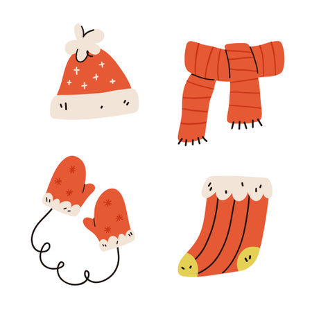 winter clothing. Knitted hat, christmas sock, scarf and mitten. vector illustrationのイラスト素材