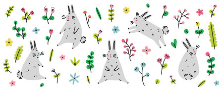 Gray Easter bunny set. Funny cartoon rabbit in different poses. flat vector illustrationのイラスト素材