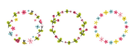 Set of floral wreaths with tiny flowers. Flat hand drawn vector illustrationのイラスト素材