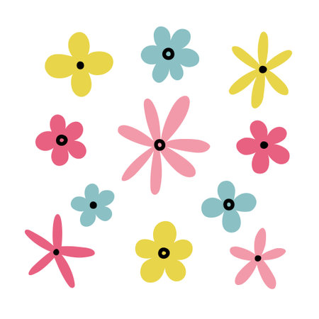 Simple tiny daisy flowers in doodle style. flat vector illustrationのイラスト素材