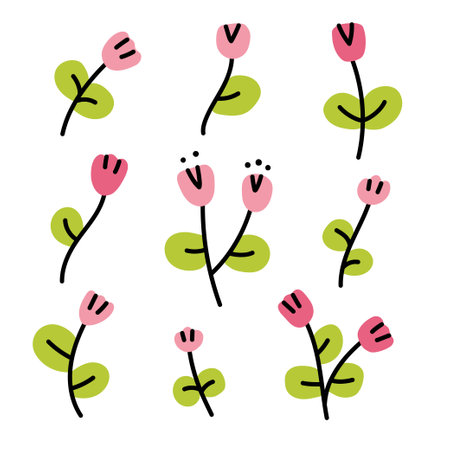 Simple tiny tulip flowers in doodle style. flat vector illustrationのイラスト素材
