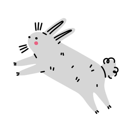 Funny cartoon rabbit. Simple gray hare. Easter bunny jumping. flat vector illustrationのイラスト素材