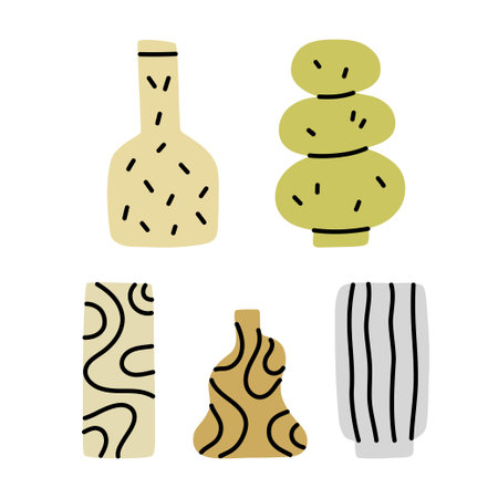 Modern hand drawn ceramic vase set. different shapes. simple vector illustrationのイラスト素材