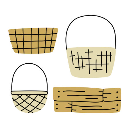 Empty hand drawn basket set. Wicker picnic baskets. simple flat vector illustrationのイラスト素材